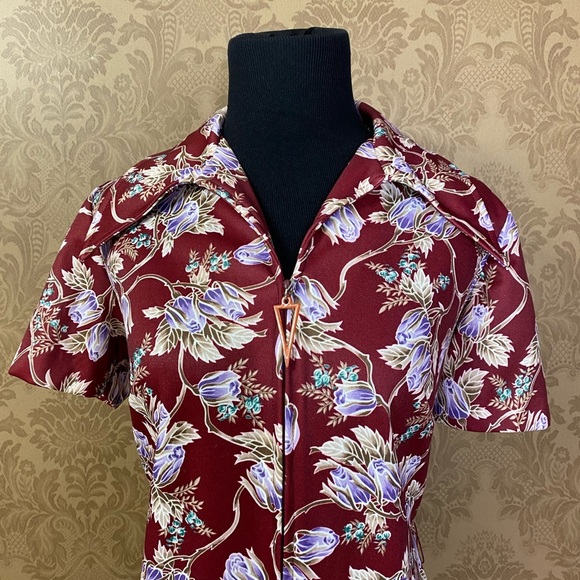 Vintage 70s Mod Fall Floral Dagger Collar Triangle Pull Zipper Front Dress - Picture 6 of 13